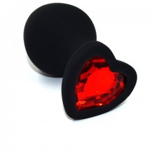 Средняя анальная пробка из черного силикона с красным кристаллом в форме сердца, Kanikule AP-S02-MR, длина 8.8 см.