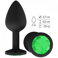Силиконовая анальная втулка с зеленым кристаллом от компании Джага-Джага, цвет черный, 518-03 green-DD, длина 7.3 см.