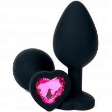 Черная силиконовая пробка с розовым кристаллом-сердцем, Vandersex 122-HBPL, цвет Розовый, длина 10.5 см.