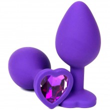 Фиолетовая силиконовая анальная пробка с фиолетовым стразом-сердцем, Vandersex 122-HFFL, цвет Фиолетовый, длина 10.5 см.