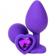 Фиолетовая силиконовая анальная пробка с фиолетовым стразом-сердцем, Vandersex 122-HFFS, цвет Фиолетовый, длина 8 см.