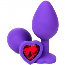Фиолетовая анальная пробка с красным стразом-сердцем, силикон, Vandersex 122-HFRL, цвет Красный, длина 9.6 см.