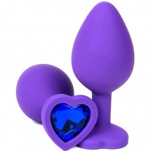 Фиолетовая силиконовая анальная пробка с синим стразом-сердцем, Vandersex 122-HFBLS, длина 8 см., со скидкой