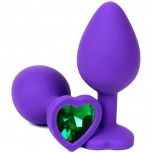Фиолетовая силиконовая анальная пробка с зеленым стразом-сердцем, Vandersex 122-HFGL, цвет Зеленый, длина 10.5 см.