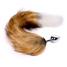 Анальный металлический плаг с длинным лисьим хвостом «Fox Tail Plug Brown & White - Short», цвет серебристый, O-Products OPR-3330026, длина 45 см., со скидкой