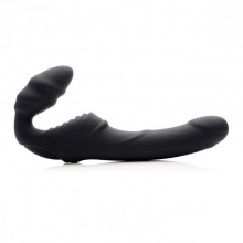 Женский анатомический страпон «Slim Rider Ribbed Vibrating Silicone Strapless Strap On», цвет черный, XR Brands XRAF840, из материала Силикон, длина 22.9 см.