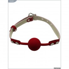 Силиконовый кляп с фиксацией и ремешками из кожи, цвет красный, PentHouse P6010R, диаметр 4 см.
