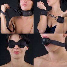 Комплект для подчинения из наручников, кляпа, маски и ошейника, цвет черный, СК-Визит KEM7062-1 BX SIT, 1 м.