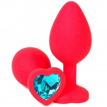 Красная силиконовая анальная пробка с голубым стразом-сердцем, Vandersex 122-HRLBL, цвет Голубой, длина 10.5 см.
