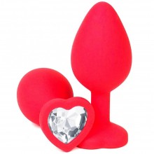 Красная силиконовая анальная пробка с прозрачным стразом-сердцем, Vandersex 122-HRWL, цвет Прозрачный, длина 10.5 см.