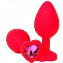 Красная силиконовая анальная пробка с розовым стразом-сердцем, Vandersex 122-HRPS, цвет Розовый, длина 8 см.