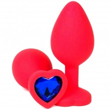 Красная силиконовая анальная пробка с синим стразом-сердцем, Vandersex 122-HRBLM, цвет Синий, длина 8.5 см.