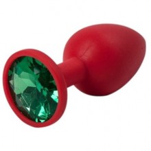 Красная силиконовая анальная пробка с зеленым стразом, Vandersex 122-1RG, длина 6.8 см., со скидкой