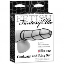 Стимулирующая насадка-сеть на пенис Fetish Fantasy Elite «Cockcage and Ring Set» с утяжкой на мошонке, цвет черный, PipeDream 4571-23 PD, из материала Силикон, длина 12.7 см.