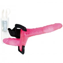 Поясной страпон-фаллос с вагинальной пробкой и вибрацией, цвет розовый, NMC 111381, длина 17.5 см.