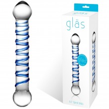 Двусторонний стеклянный фаллос с голубой спиралью «Spiral Dildo», цвет прозрачный, Glas GLAS-150, из материала стекло, длина 17 см.