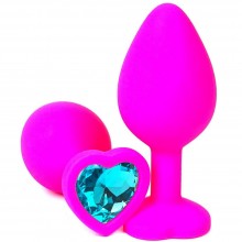 Ярко-розовая силиконовая пробка с голубым кристаллом-сердцем, Vandersex 122-HPBL1, цвет Голубой, длина 10.5 см.