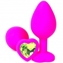 Ярко-розовая силиконовая пробка с лаймовым кристаллом-сердцем, Vandersex 122-HPGL1, цвет Зеленый, длина 10.5 см.