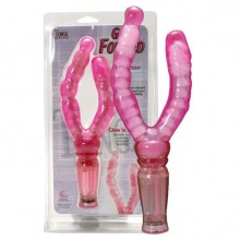 Розовый гнущийся вагинально-анальный вибромассажер «Get Forked» с двумя отростками, Tonga 310037, длина 16.5 см.