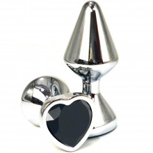 Серебристая коническая анальная пробка с черным кристаллом-сердцем, Vandersex 400-UHBB, из материала Металл, цвет Черный, длина 8 см.