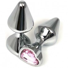 Серебристая анальная пробка конической формы с нежно-розовым кристаллом-сердцем, Vandersex 400-UHP1, цвет Розовый, длина 8 см.