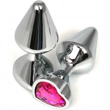 Серебристая анальная пробка конической формы с розовым кристаллом-сердцем, Vandersex 400-UHP, из материала Металл, цвет Розовый, длина 8 см.