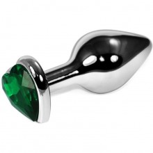 Серебристая анальная пробка с зеленым кристаллом-сердцем, Vandersex 170-SG1, цвет Зеленый, длина 9 см.