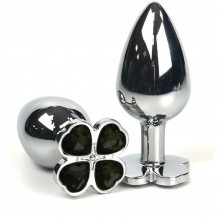 Серебристая металлическая анальная втулка с клевером из черных кристаллов, Vandersex 160-SBB, цвет Черный, длина 6.5 см.