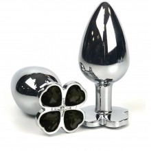Серебристая металлическая анальная втулка с клевером из черных кристаллов, Vandersex 160-LBB, цвет Черный, длина 9 см.