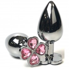 Серебристая анальная втулка с клевером из нежно-розовых кристаллов, Vandersex 160-MP1, цвет Розовый, длина 8 см.