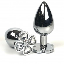 Серебристая анальная втулка из металла с клевером из прозрачных кристаллов, Vandersex 160-SC, цвет Прозрачный, длина 6.5 см.