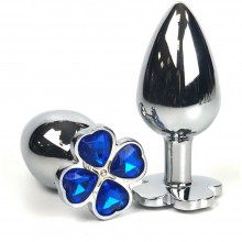 Серебристая анальная втулка из металла с клевером из синих кристаллов, Vandersex 160-SB, цвет Синий, длина 6.5 см.