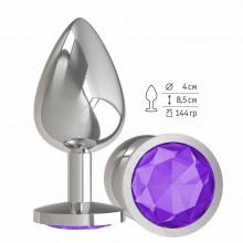 Анальная втулка «Silver» с фиолетовым кристаллом от компании Джага-Джага, цвет серебристый, 533-08 purple-DD, длина 9.5 см.