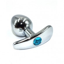 Маленькая серебряная анальная пробка для ношения с голубым кристаллом, Kanikule AP-AL034-SLB, цвет голубой, длина 8 см.