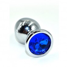 Средняя серебряная анальная пробка с темно-синим кристаллом, Kanikule AP-AL001-MDB, цвет синий, длина 8.5 см.