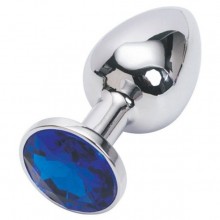 Серебряная металлическая анальная пробка с синим стразом, 4sexdream 47018, цвет Синий, длина 7.6 см.