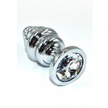 Средняя серебряная ребристая анальная пробка с прозрачным кристаллом, Kanikule AP-AL003-MC, цвет прозрачный, длина 8.8 см.