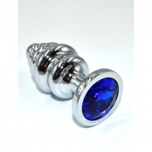 Средняя серебряная ребристая анальная пробка с темно-синим кристаллом, Kanikule AP-AL003-MDB, цвет синий, длина 8.8 см.
