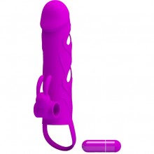 Силиконовая насадка на пенис с вибрацией и петлей на мошонку из коллекции Pretty Love от Baile, цвет фиолетовый, bi-026216-1, длина 14 см.