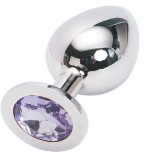 «Silver Plug Large» большая металлическая пробка серебристого цвета, кристалл - светло-фиолетовый, SL-15, бренд Anal Jewerly Plug, длина 9.5 см.