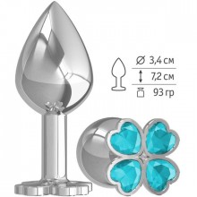 Средняя металлическая анальная пробка-клевер «Silver» с голубым кристаллом, цвет серебристый, Джага-Джага 529-05 AQUA-DD, длина 7.2 см., со скидкой