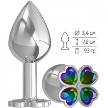 Средняя металлическая анальная пробка-клевер «Silver» с разноцветным кристаллом, цвет серебристый, Джага-Джага 529-14 MULTI-DD, длина 7.2 см., со скидкой