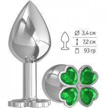Средняя анальная втулка «Silver Клевер» с зеленым кристаллом, цвет серебристый, Джага-Джага 529-03 GREEN-DD, длина 7.2 см., со скидкой