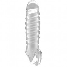 Увеличивающая насадка закрытого типа спиралевидная с кольцом для фиксации на мошонке «No.32 - Stretchy Thick Penis», прозрачная, Shots Media SON032TRA, цвет прозрачный, длина 15.2 см.