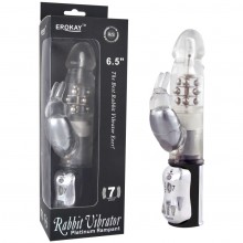 Вагинальный вибратор «Classicle Rabbit Silver» с клиторальным стимулятором и ротацией, цвет серебристый, Erokay INSEK-1504-Sv, длина 24 см.