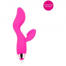 Силиконовый женский вибратор изогнутой формы с клиторальной щеточкой, цвет розовый, Erowoman - Eroman ee-10260-16, длина 11 см.
