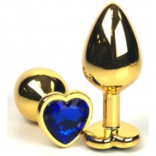 Золотистая анальная пробка из металла с синим кристаллом-сердцем, Vandersex 170-GSB, цвет Синий, длина 6 см.