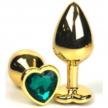 Золотистая анальная пробка с зеленым кристаллом-сердцем, Vandersex 170-GSG1, цвет Зеленый, длина 6.5 см.
