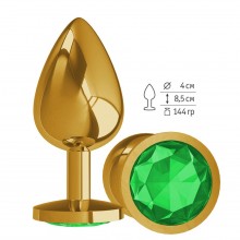 Анальная втулка «Gold» с зеленым кристаллом от компании Джага-Джага, цвет серебристый, 530-03 green-DD, длина 9.5 см.