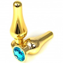 Золотистая удлиненная анальная пробка из металла с голубым кристаллом, Vandersex 400-TGBLM, цвет Голубой, длина 10 см.